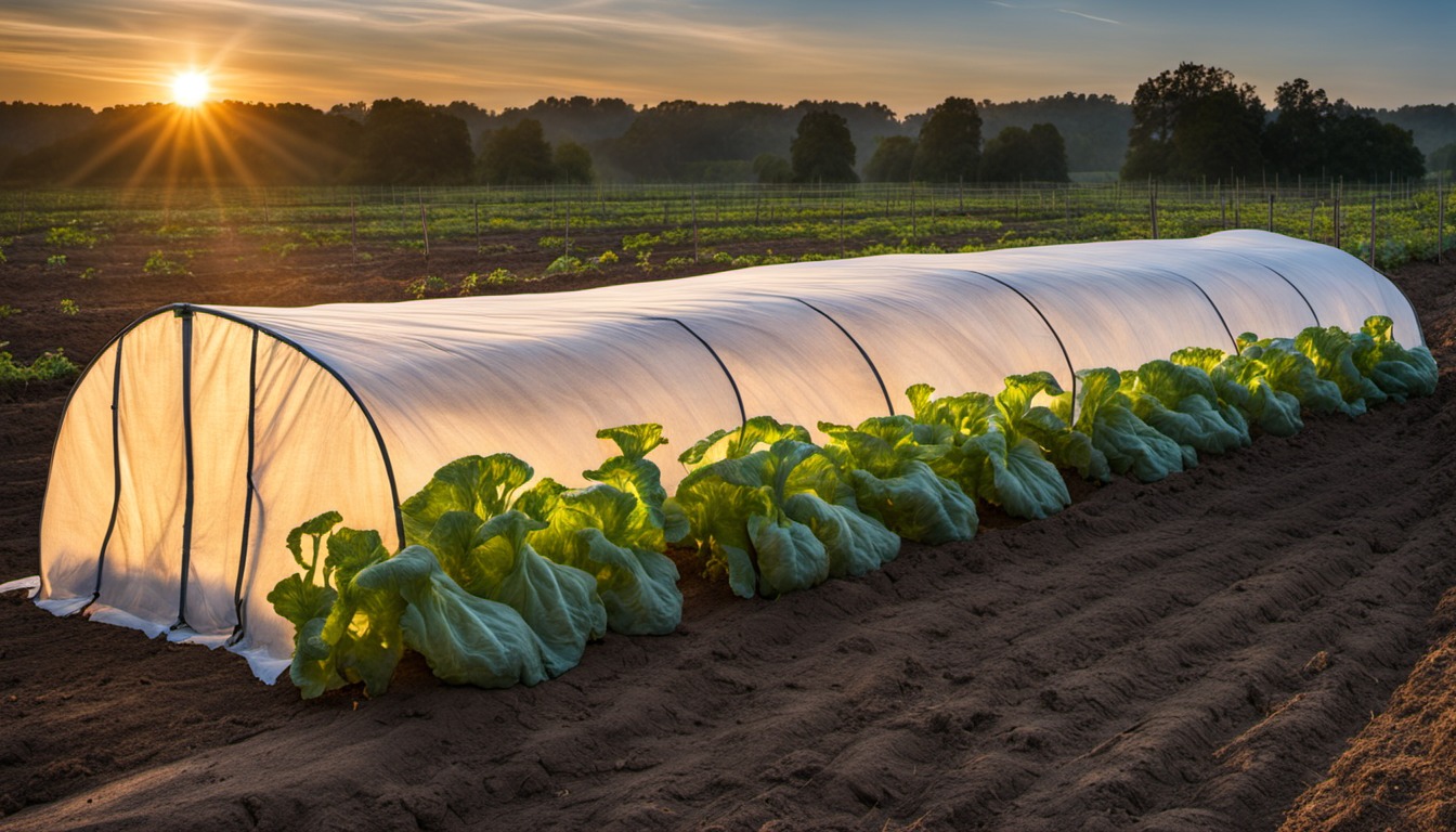 Generated illustration: row cover over a vegetable bed at dawn