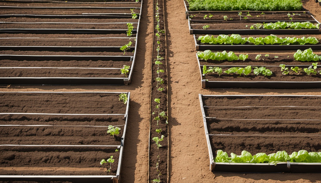 Generated illustration: raised vegetable beds with young seedling rows