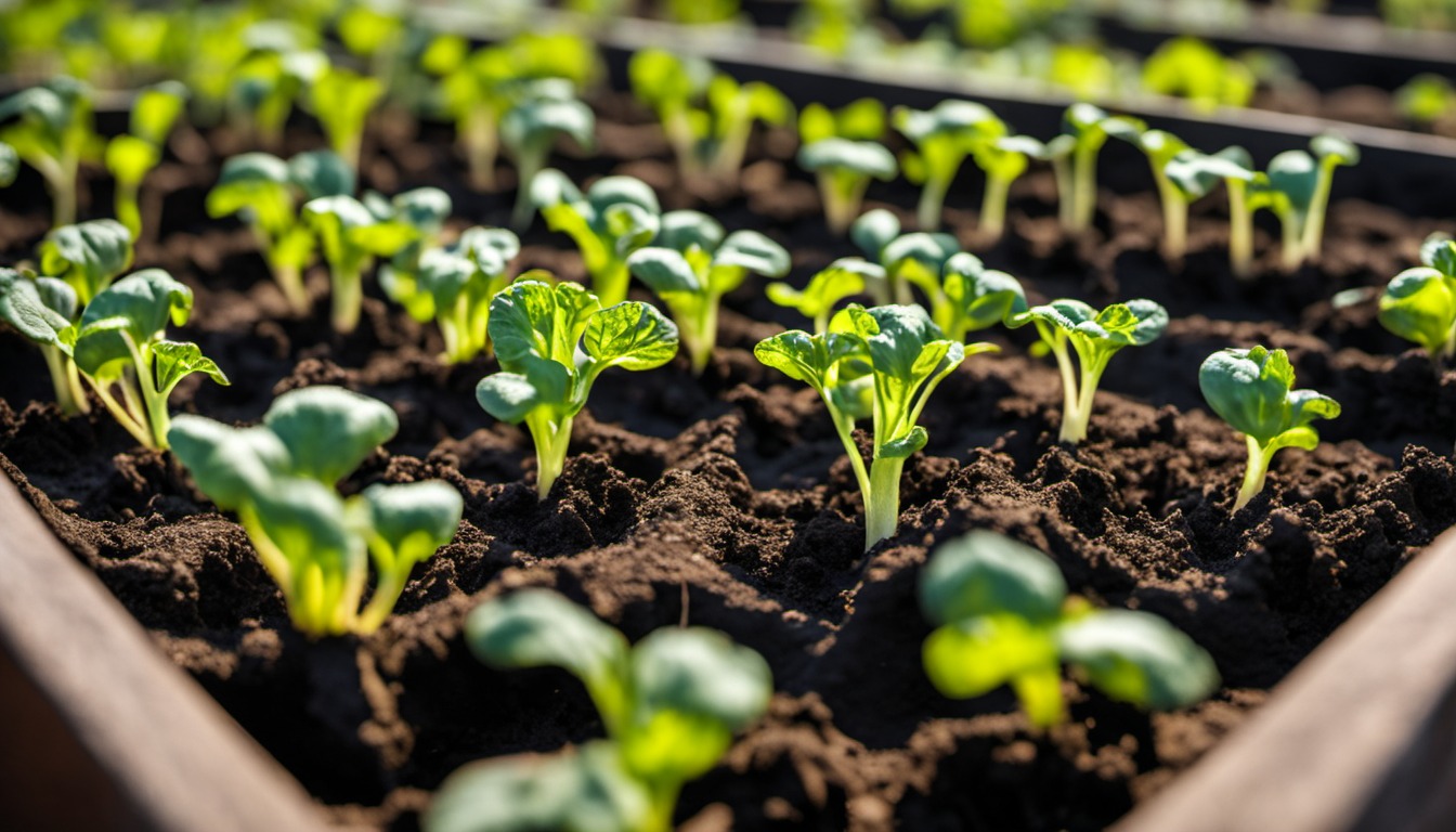 Generated illustration: young vegetable seedlings growing in dark soil