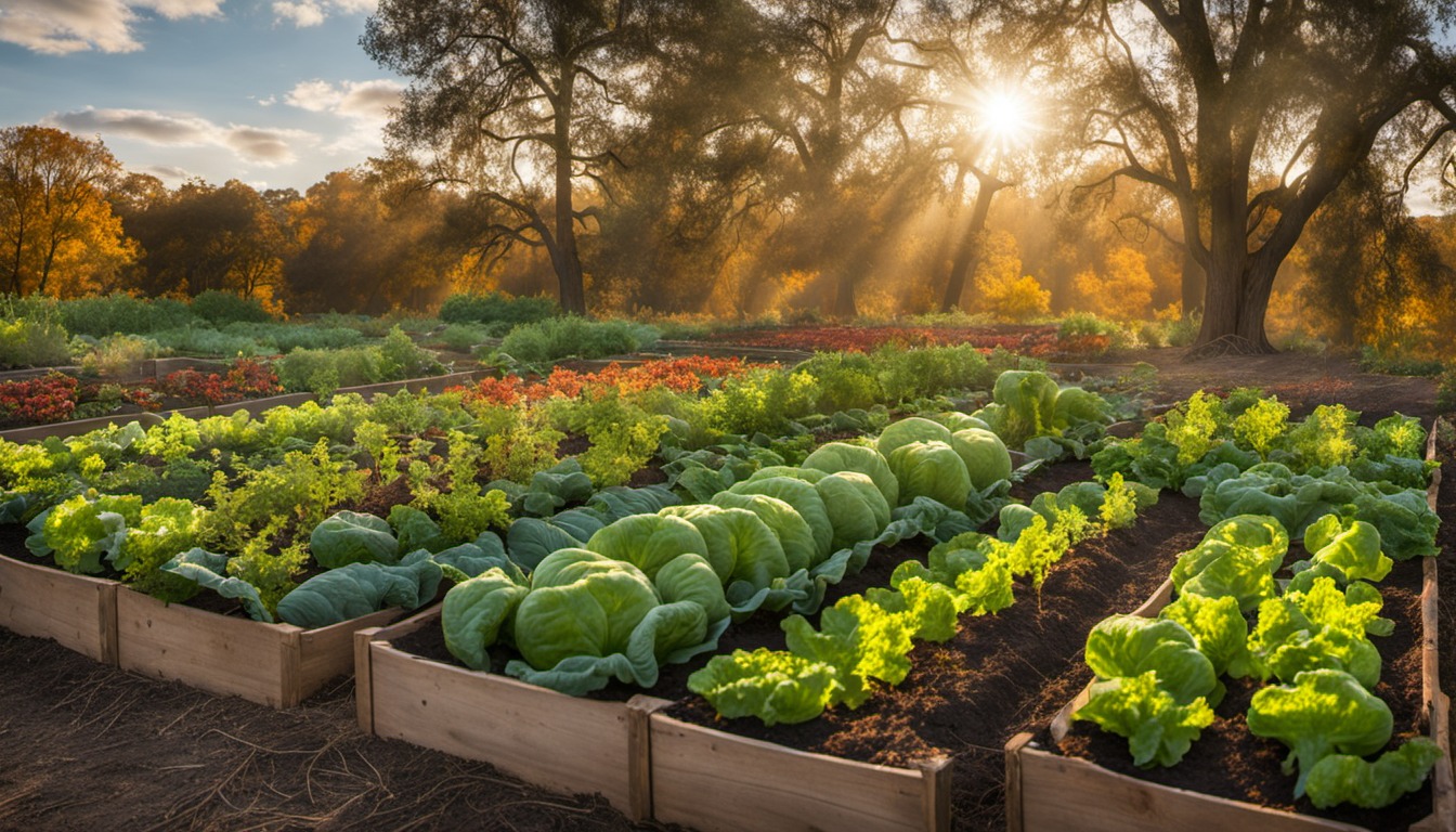 Generated illustration: autumn vegetable beds with leafy greens under soft Texas afternoon light