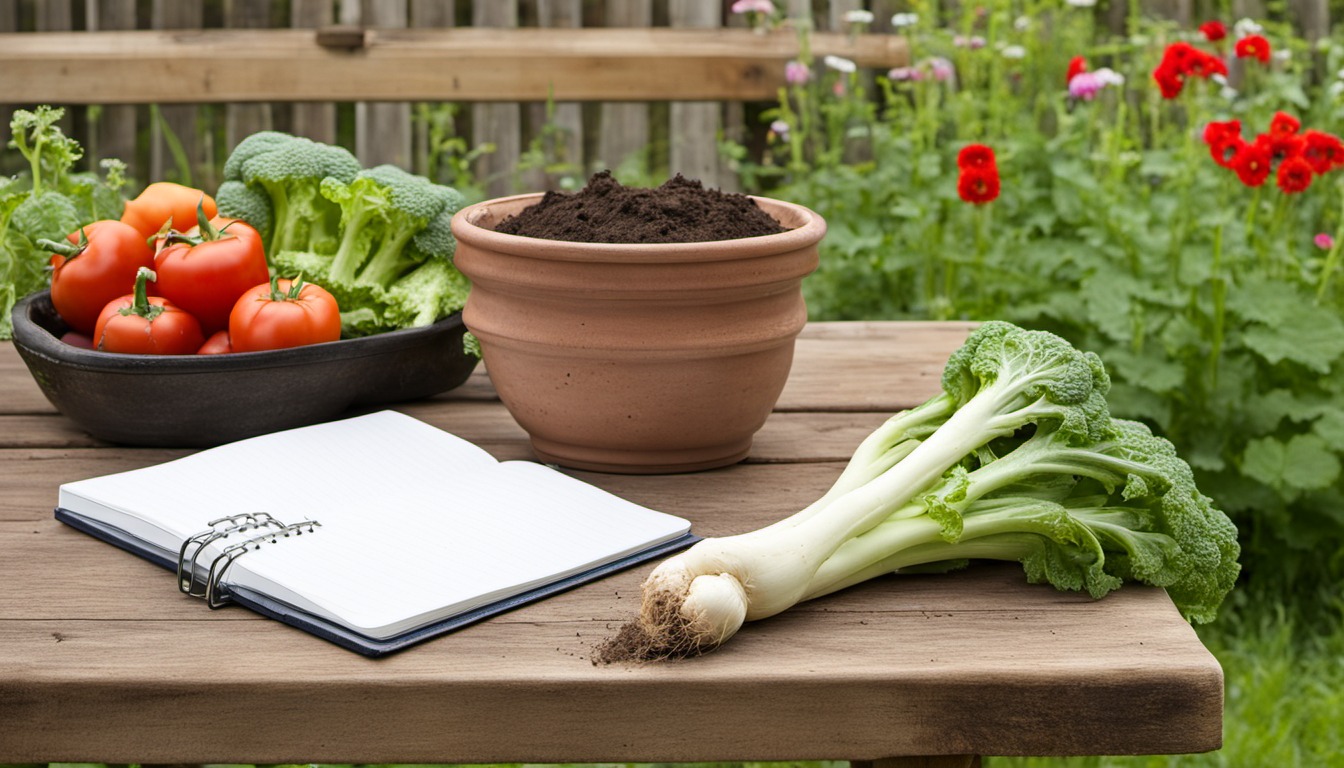 Generated illustration: garden soil and a blank notebook on an outdoor potting bench