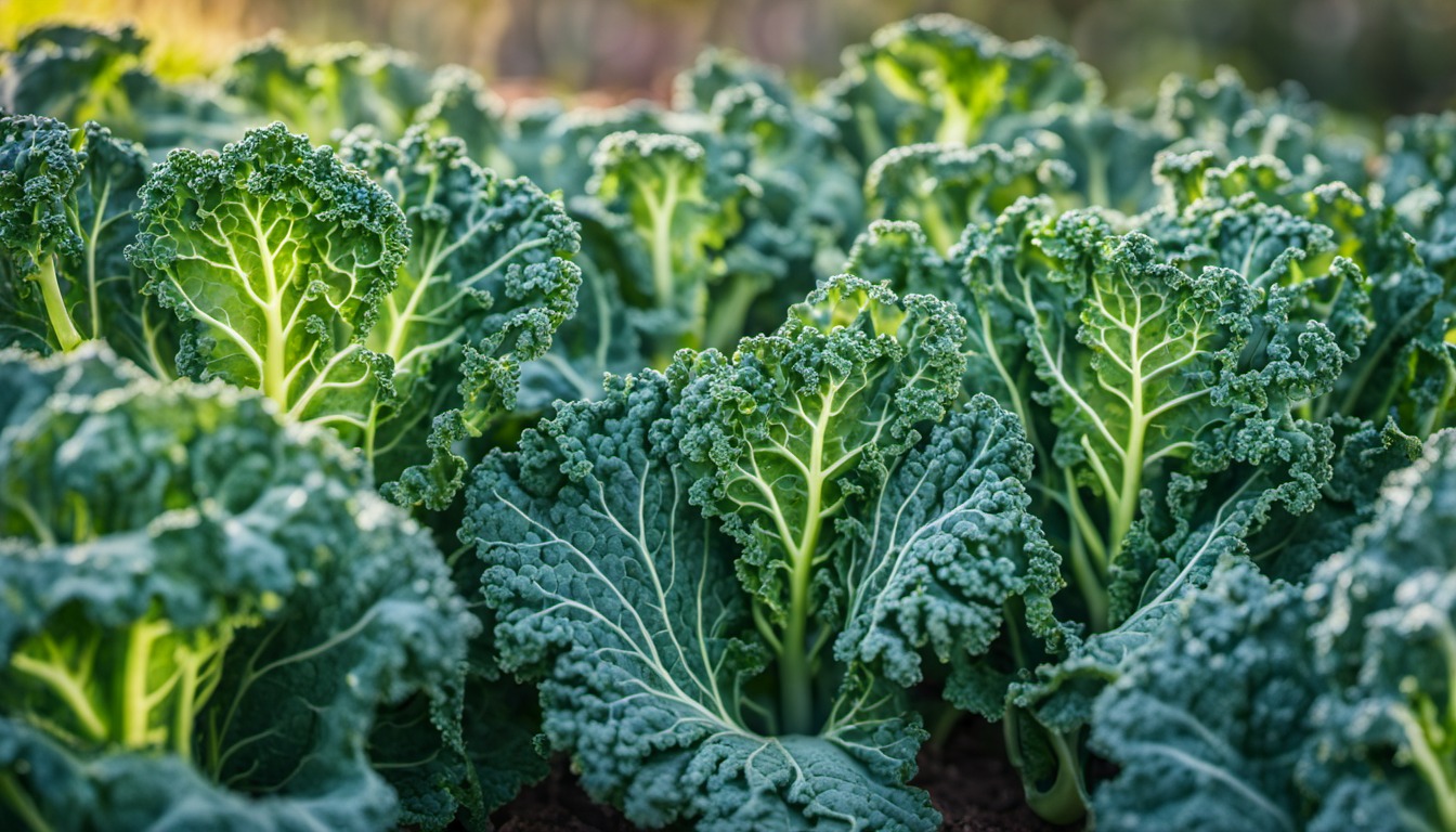 Generated illustration: kale leaves ready for harvest in morning light