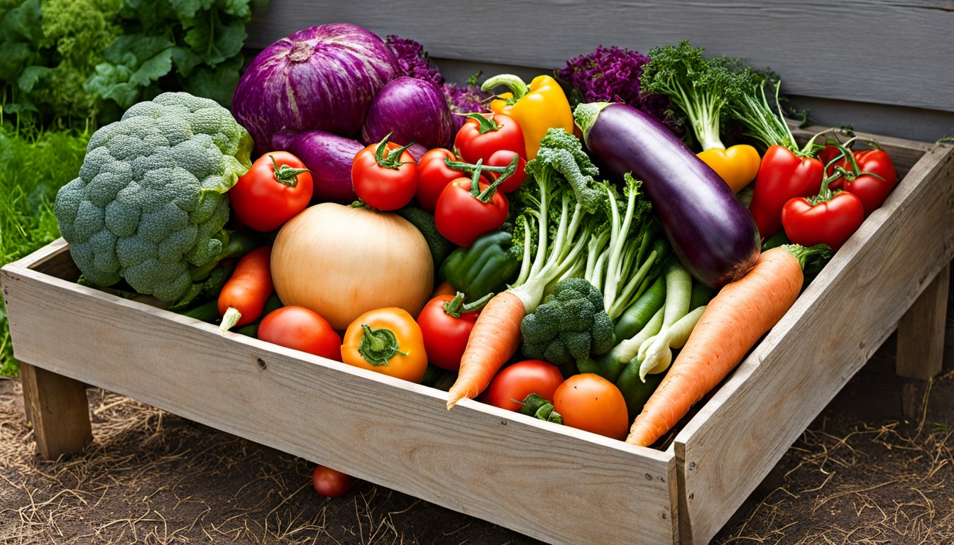 Generated illustration: assorted vegetables gathered in a wooden box