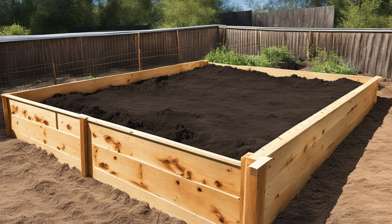 Generated illustration: an empty raised bed filled with dark soil