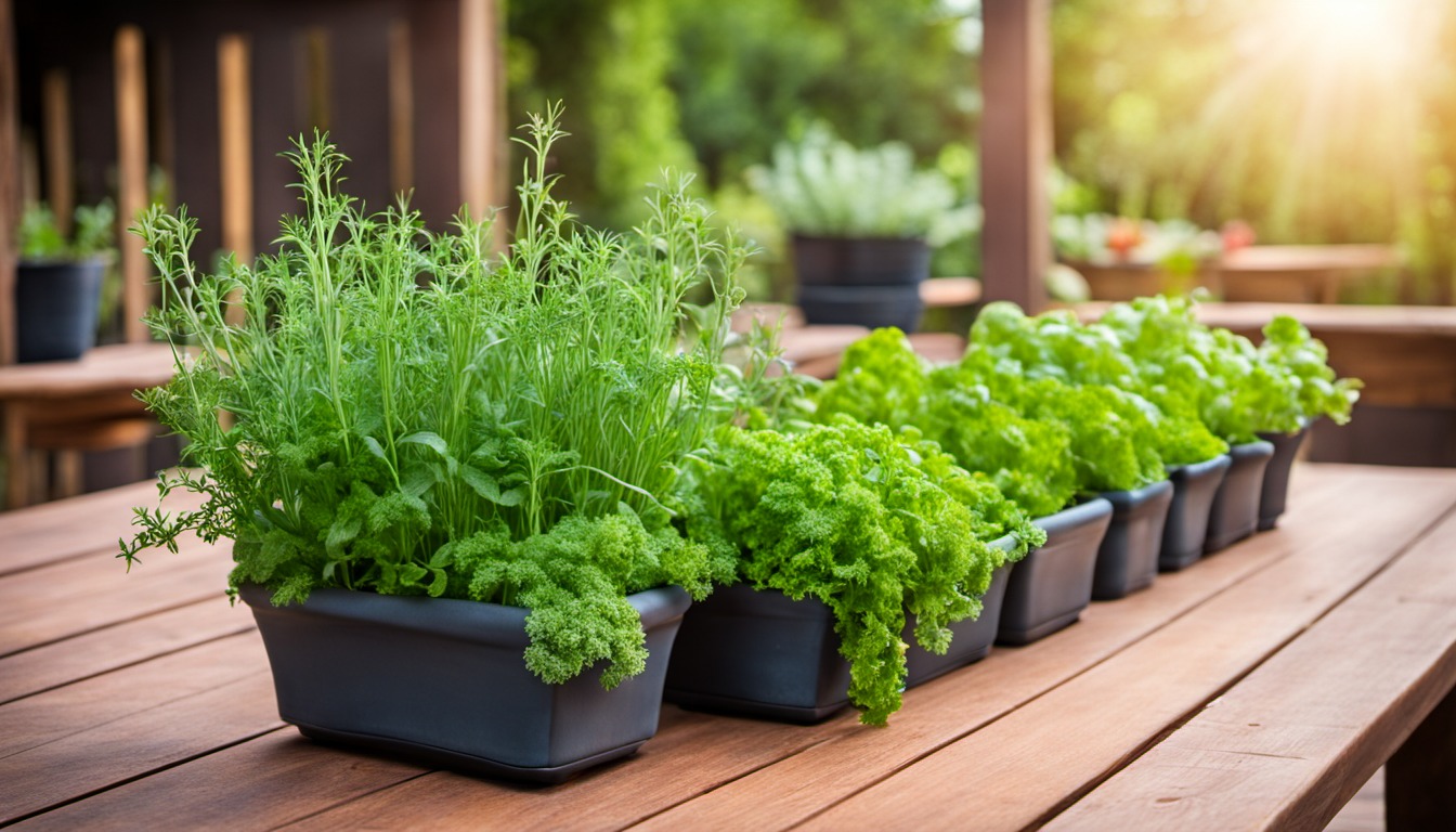 Generated illustration: potted herbs on a patio table