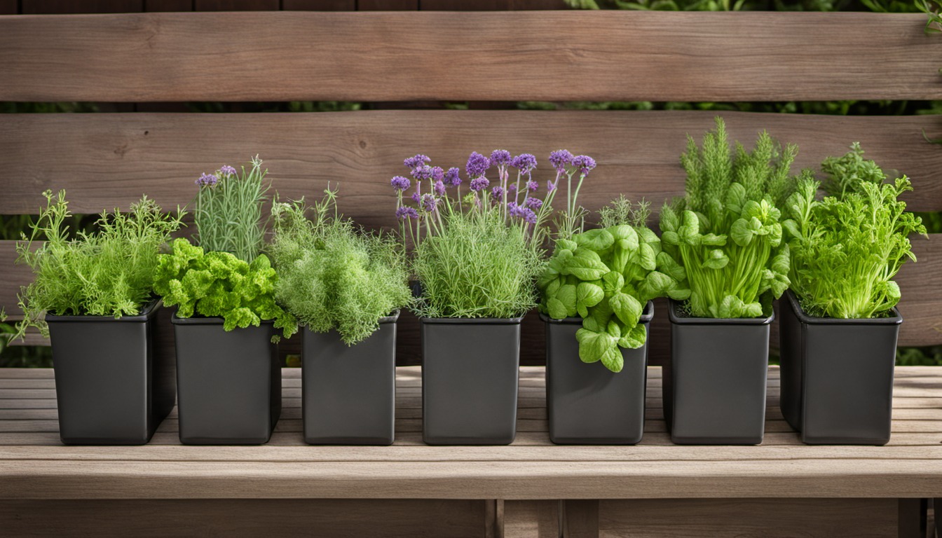 Generated illustration: fresh herbs growing in separate containers on a garden bench