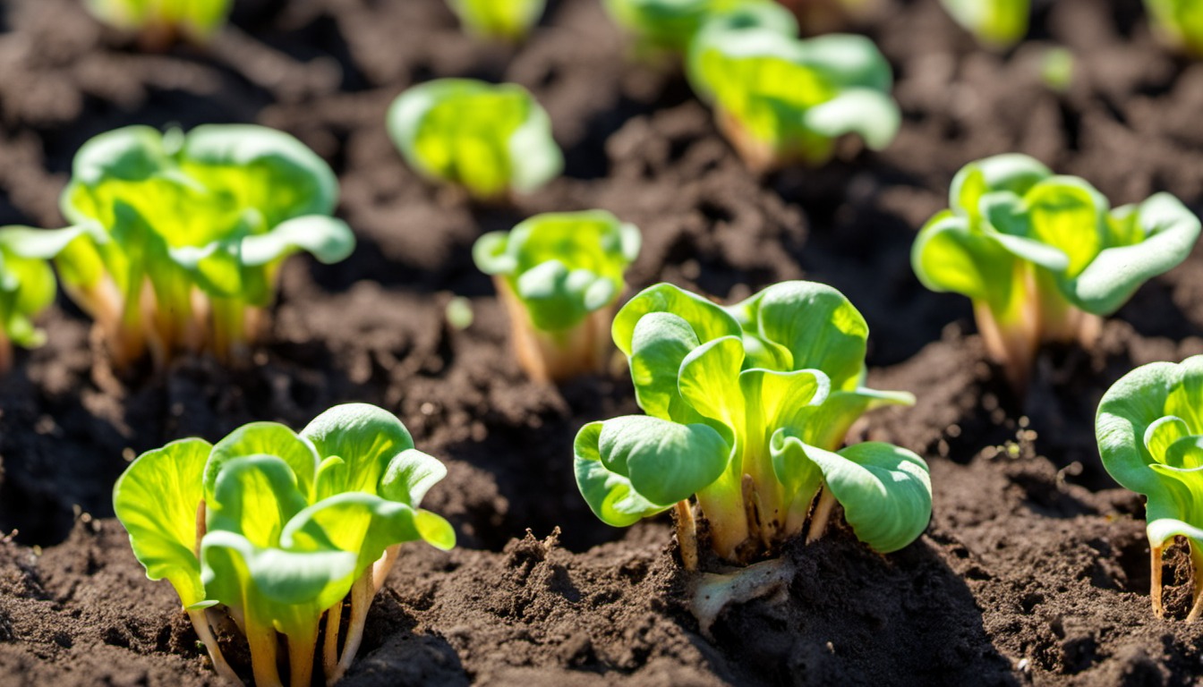 Generated illustration: lettuce seedlings emerging in garden soil