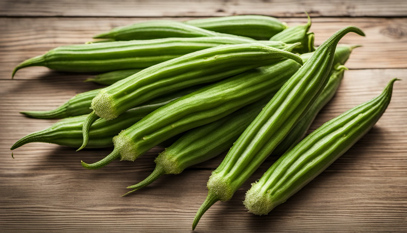 Generated illustration: whole green okra pods on a wooden table