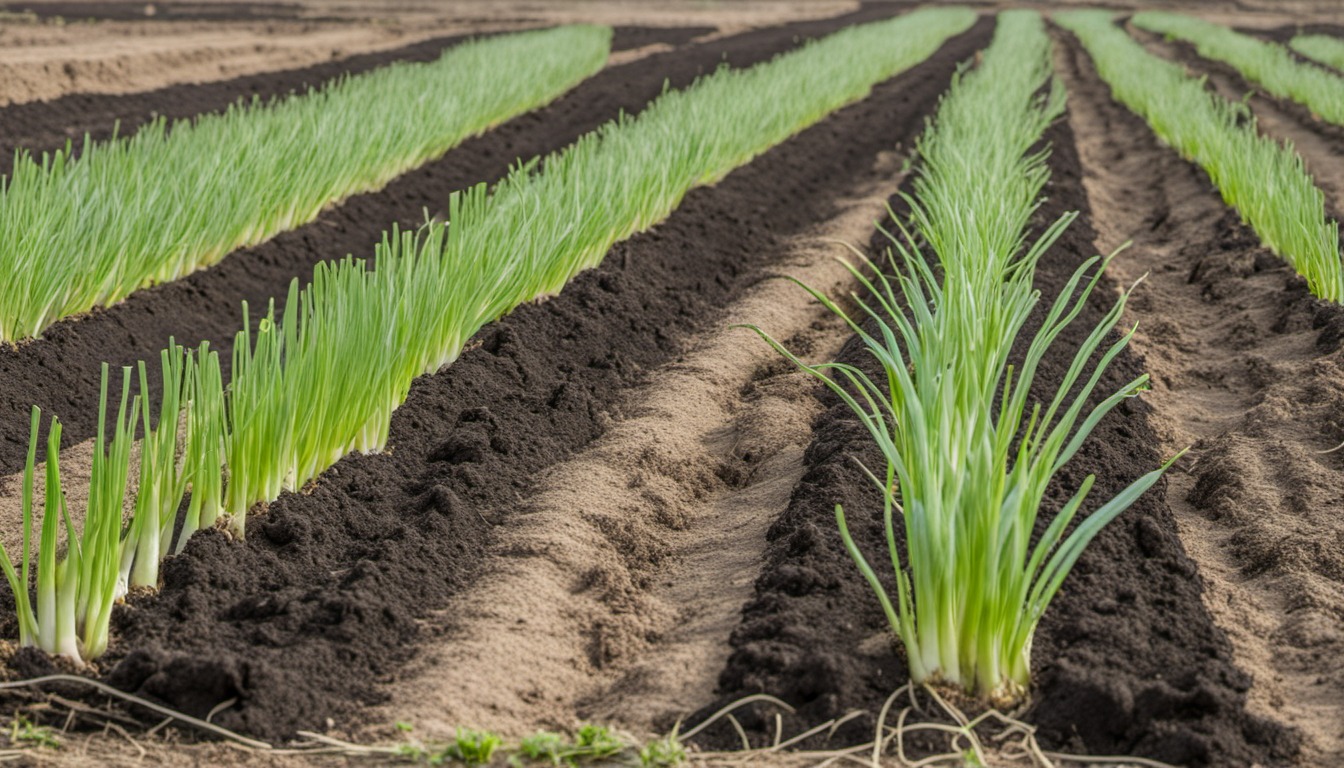 Generated illustration: green shoots in garden rows