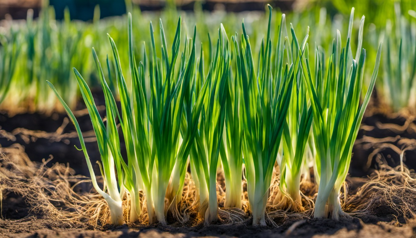 Generated illustration: green onion leaves growing in a sunny bed