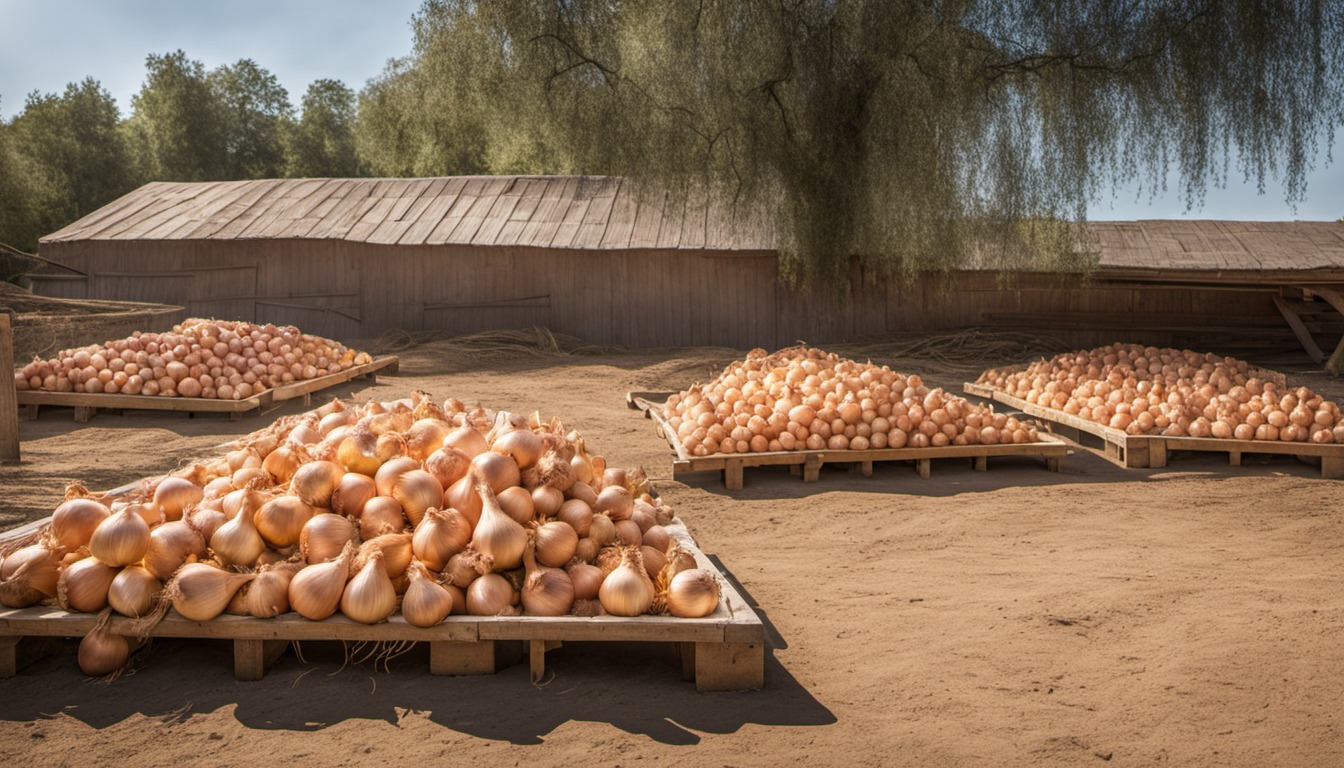 Generated illustration: harvested onions spread on outdoor racks