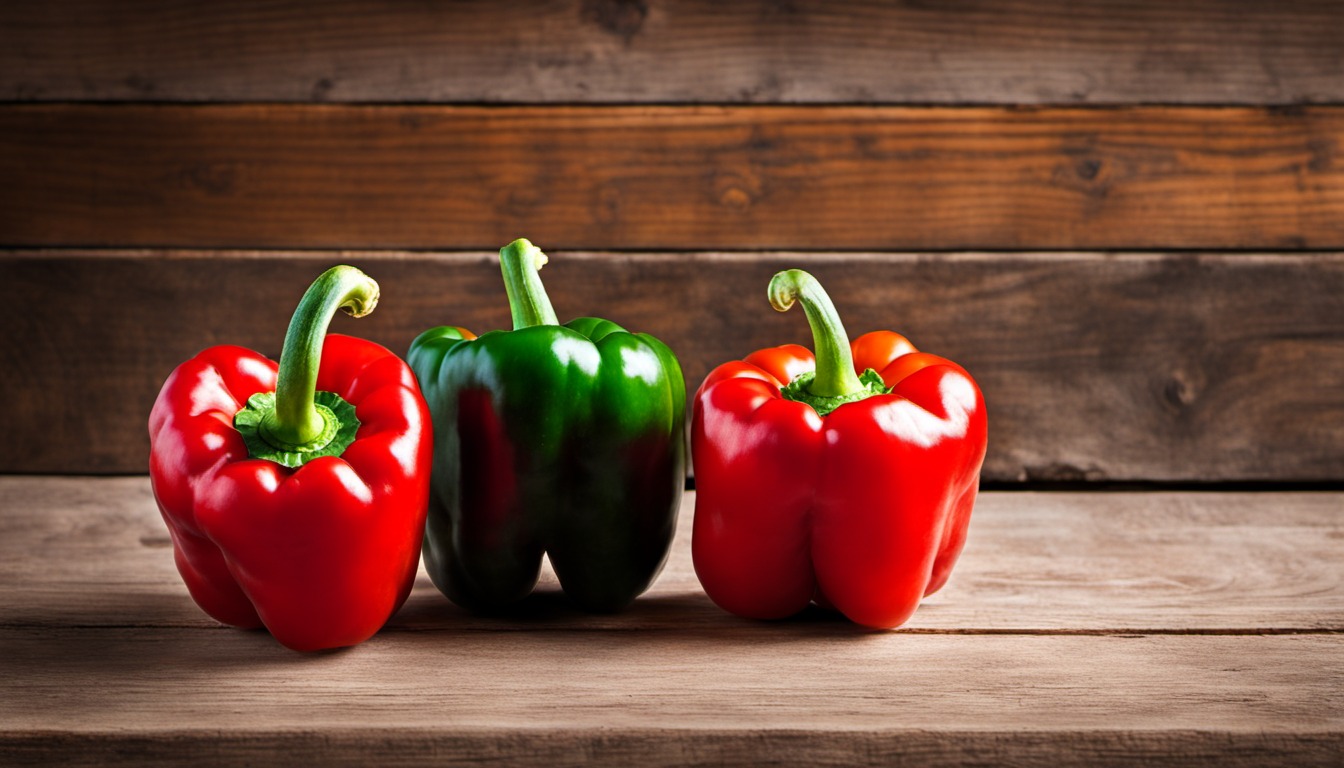 Generated illustration: red and green bell peppers on a wooden table