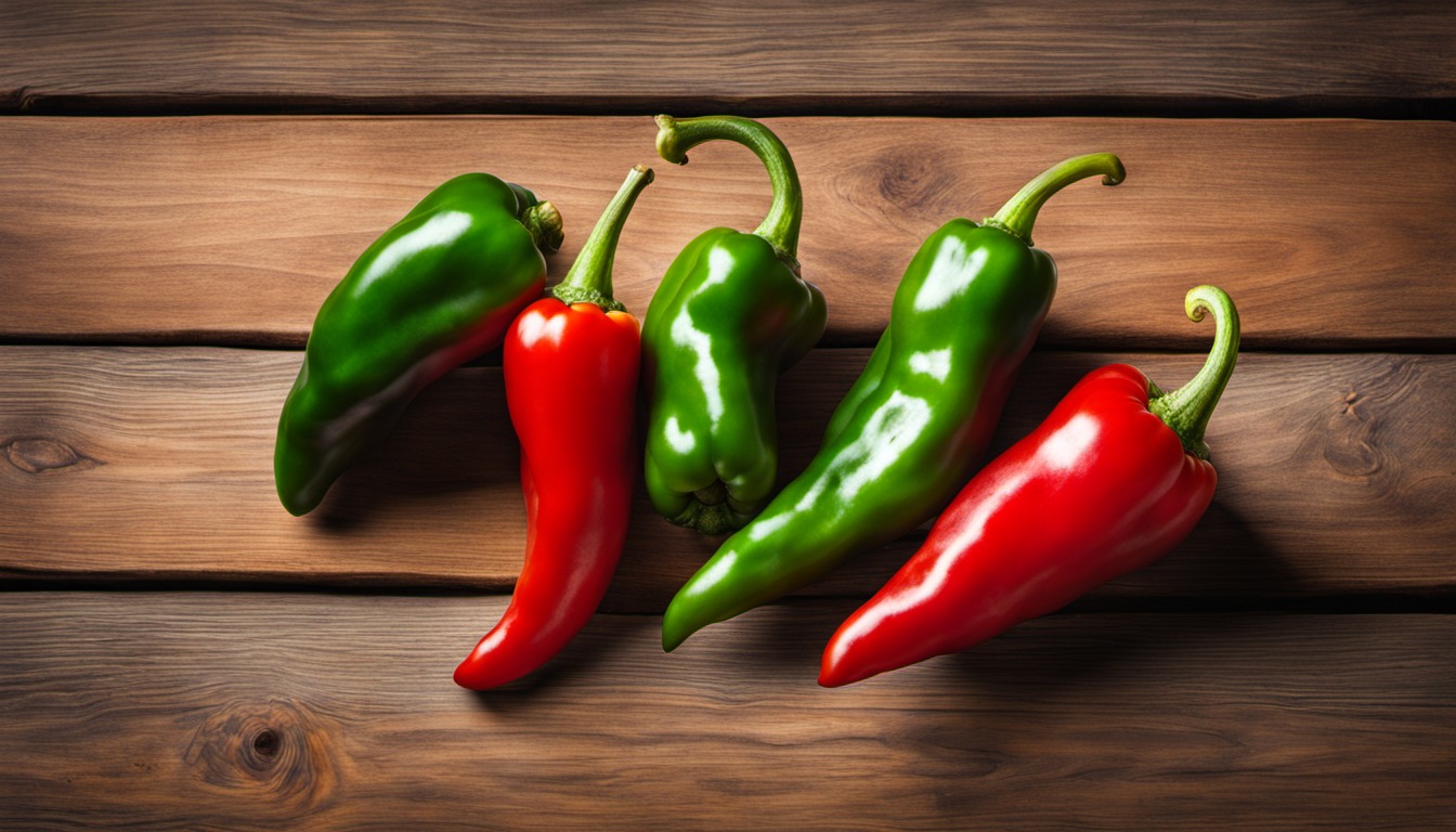 Generated illustration: fresh garden peppers on a plain wooden table