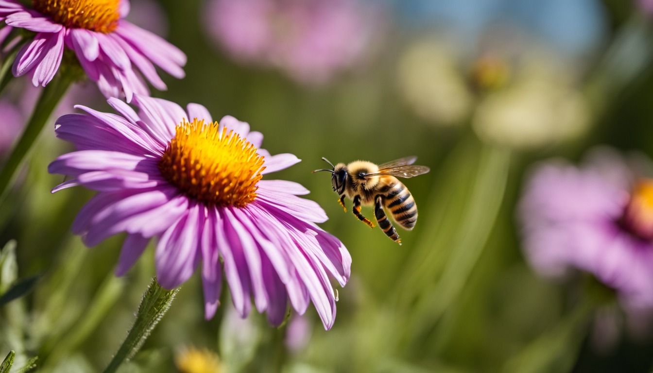 Generated illustration: a bee flying near a purple flower