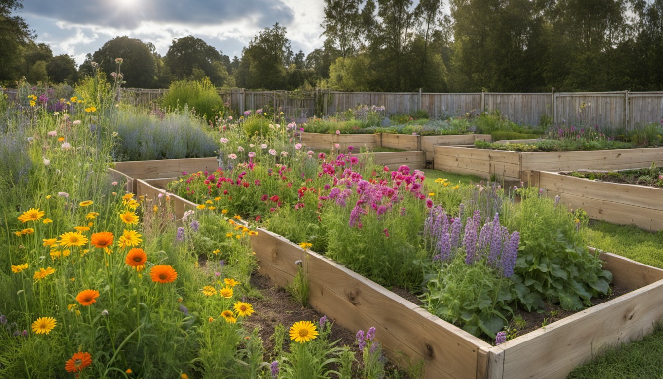 Generated illustration: flowers beside raised vegetable beds