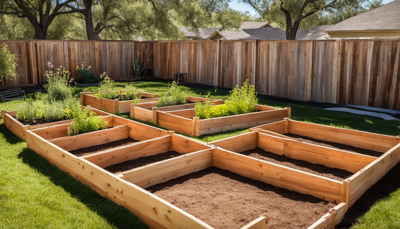 Generated illustration: cedar raised beds in a sunny Texas backyard