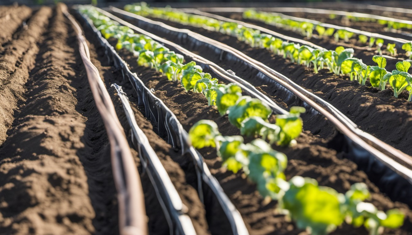 Generated illustration: young vegetable rows with irrigation tubing