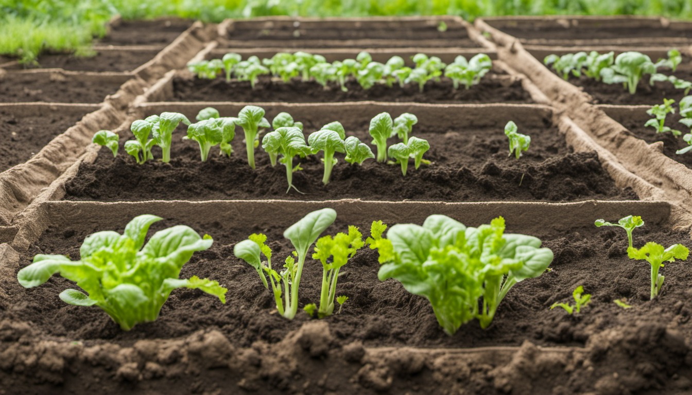 Generated illustration: young vegetables growing in garden beds