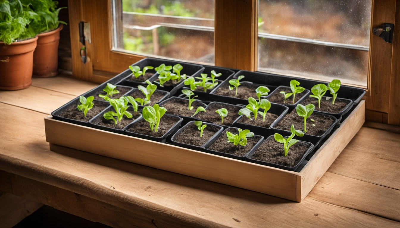 Generated illustration: seedling tray on a clean potting bench