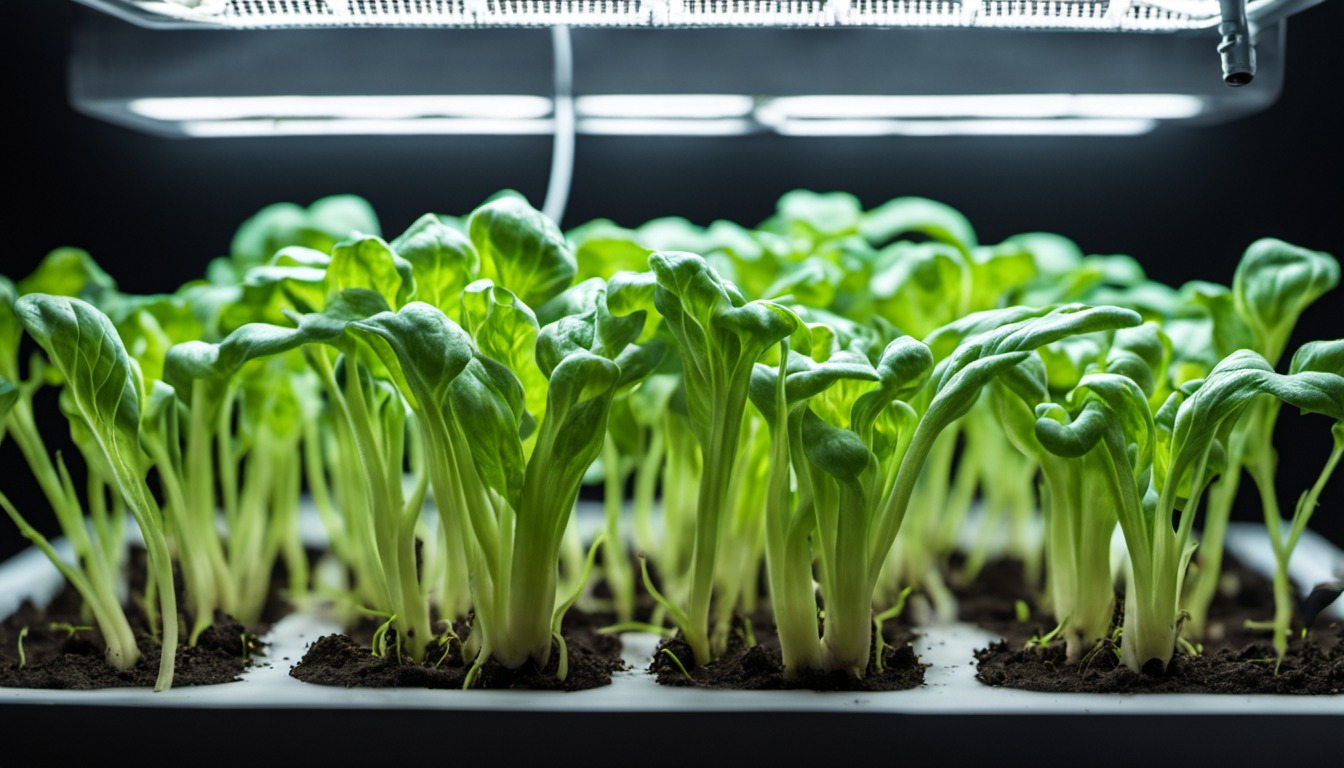 Generated illustration: healthy vegetable seedlings under an indoor grow light
