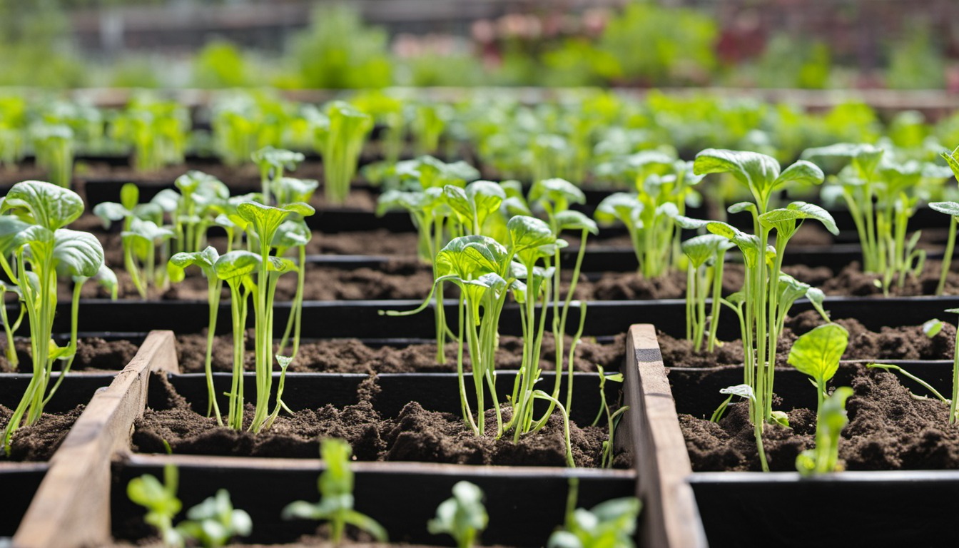 Generated illustration: vegetable seedlings outdoors in small pots
