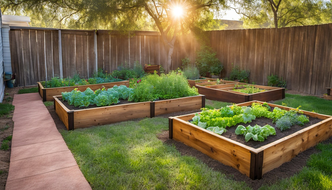 Generated illustration: sunny Texas backyard with small raised vegetable beds