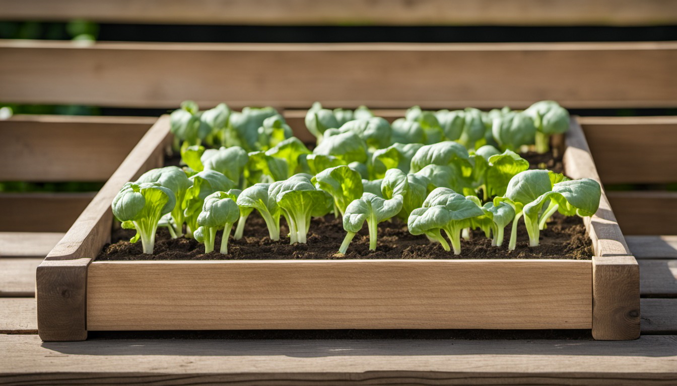 Generated illustration: young seedlings in a tray on a wooden bench