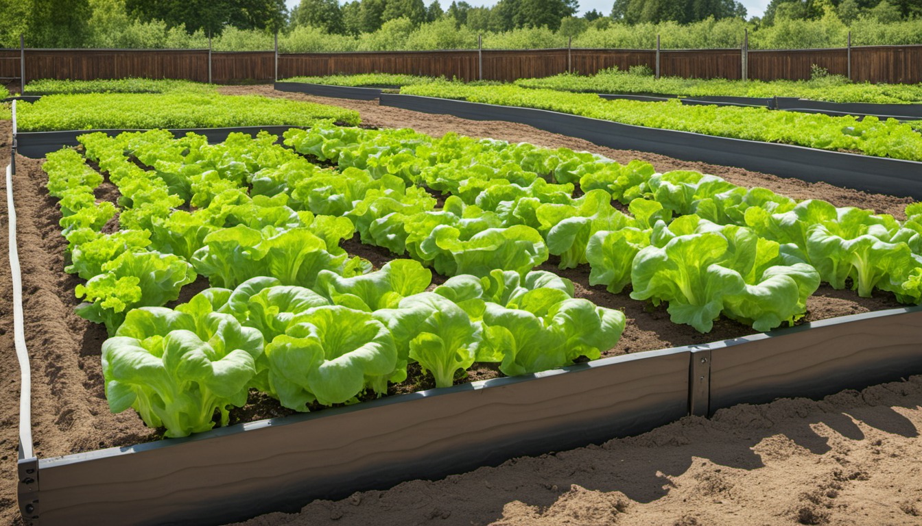 Generated illustration: leafy vegetables growing in raised beds