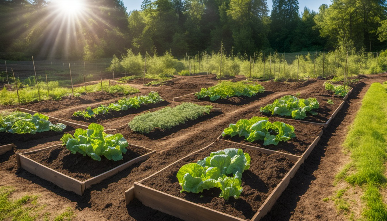 Generated illustration: mulched vegetable beds under bright summer sun