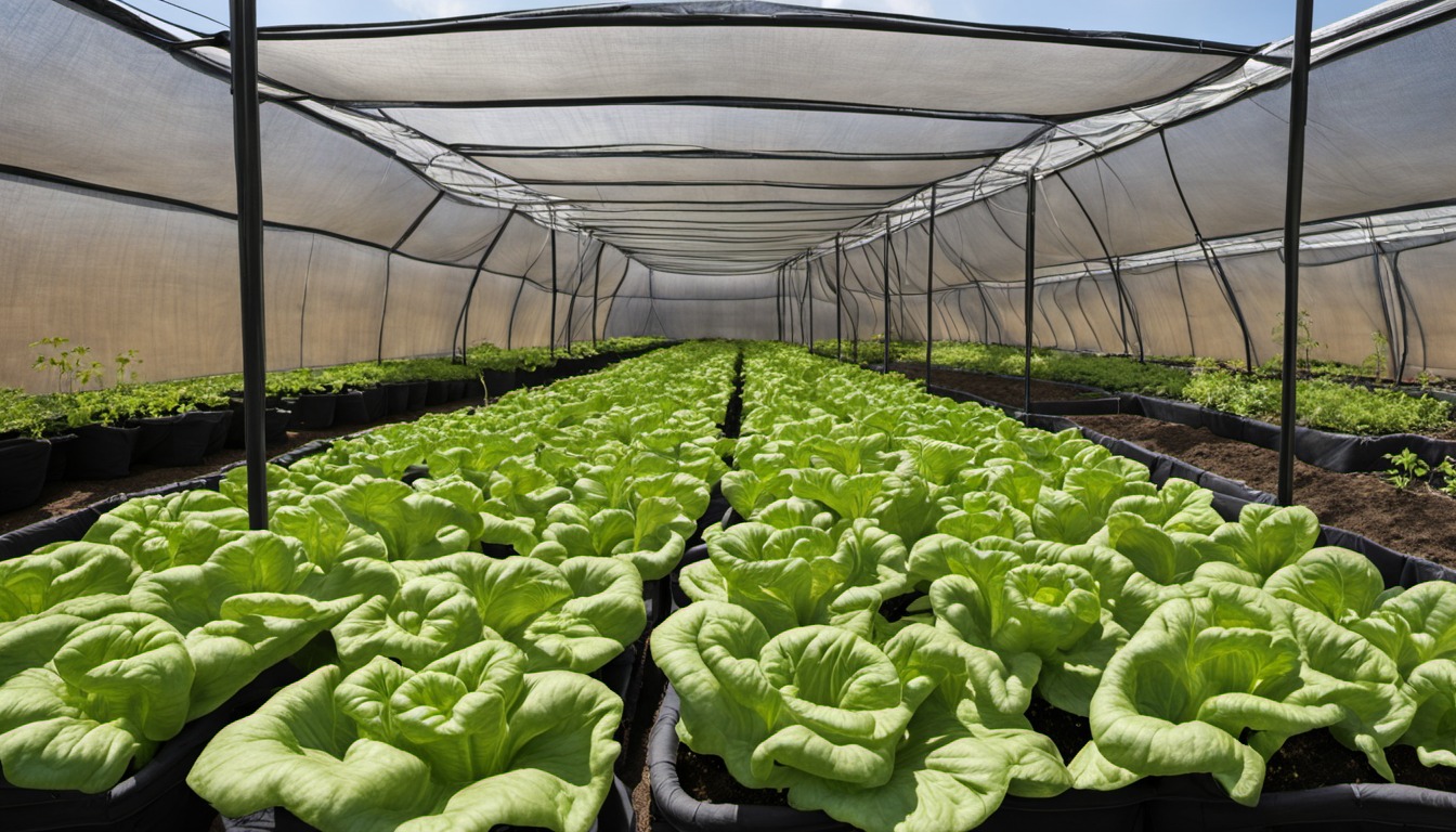 Generated illustration: leafy vegetables growing beneath a shade structure