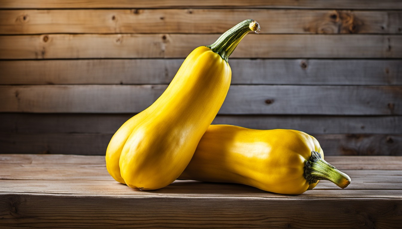 Generated illustration: yellow squash on a wooden table