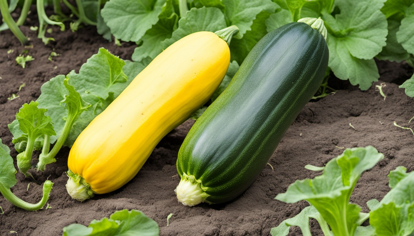 Generated illustration: yellow squash and zucchini resting on soil beneath leaves