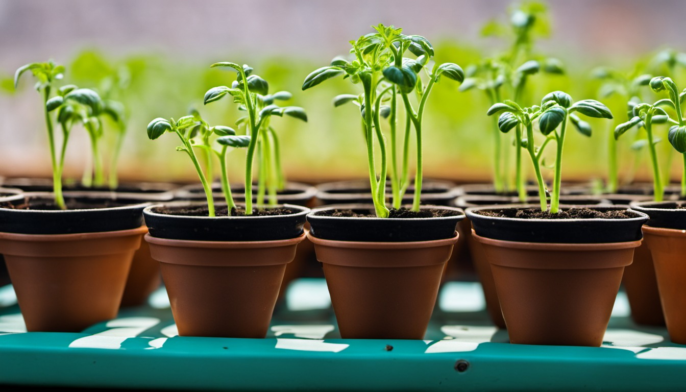Generated illustration: young seedlings growing in small pots