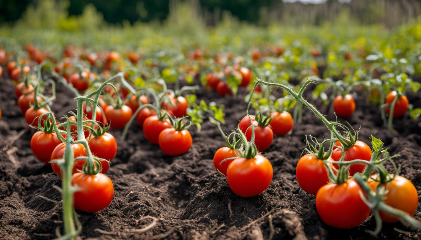 Generated illustration: red tomatoes growing in a garden bed
