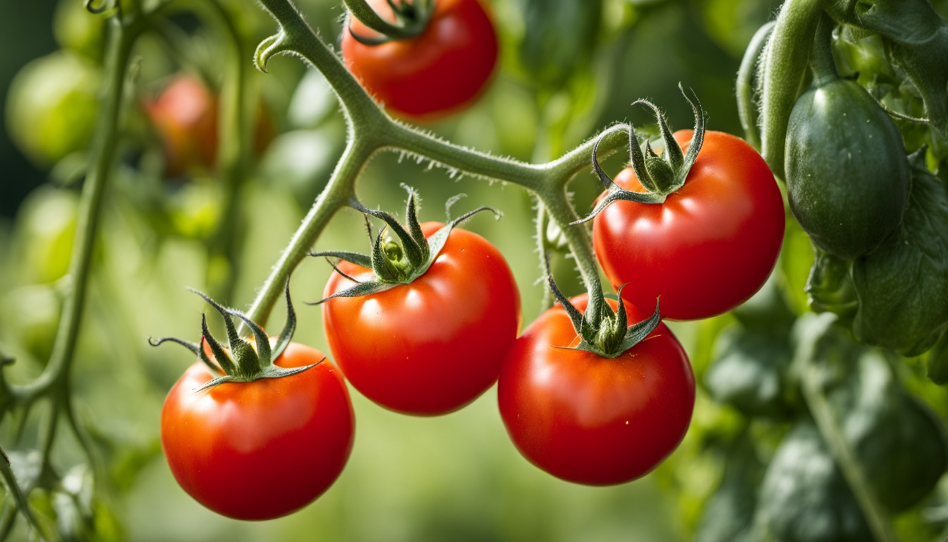 Generated illustration: ripe tomatoes on a garden vine in natural light