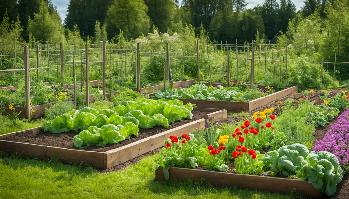 Generated illustration: healthy vegetable bed with flowering plants nearby