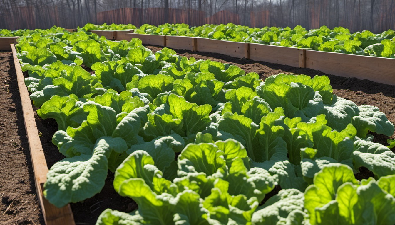Generated illustration: leafy winter greens growing in a Texas raised bed