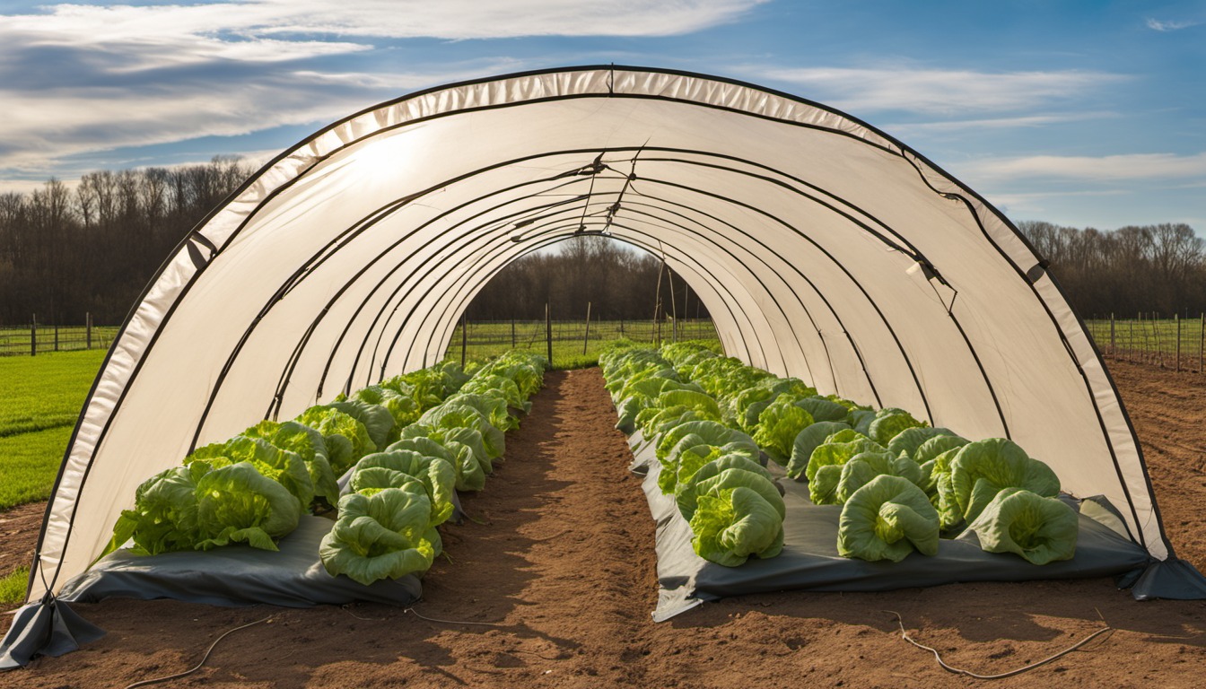 Generated illustration: a protective tunnel over garden rows