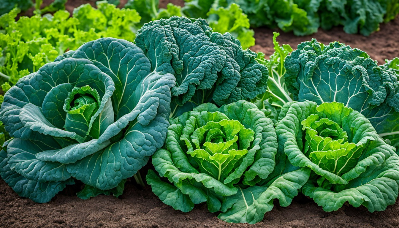 Generated illustration: fresh kale and collards in an outdoor garden bed
